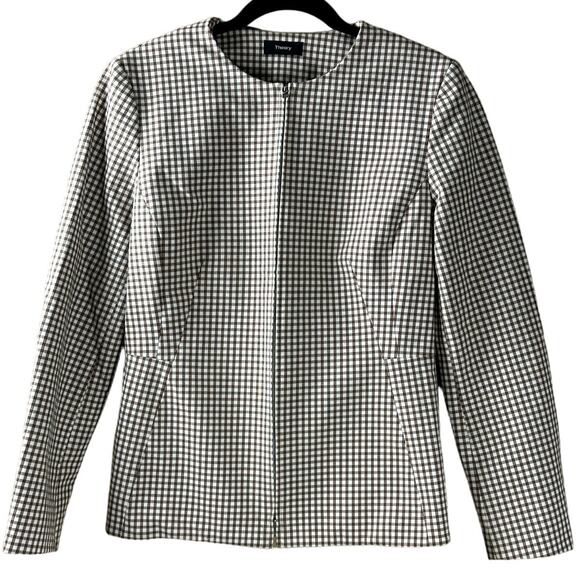 Theory Check Peplum-Back Sculpture Jacket Ivory Tan Grid Stretch Women's Size 10 - Picture 1 of 9